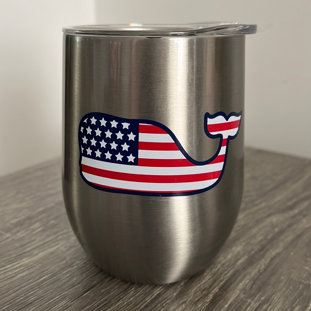🇺🇸VINEYARD VINES FOR TARGET Silver American FLAG / WHALE Lidded Wine Glass NEW